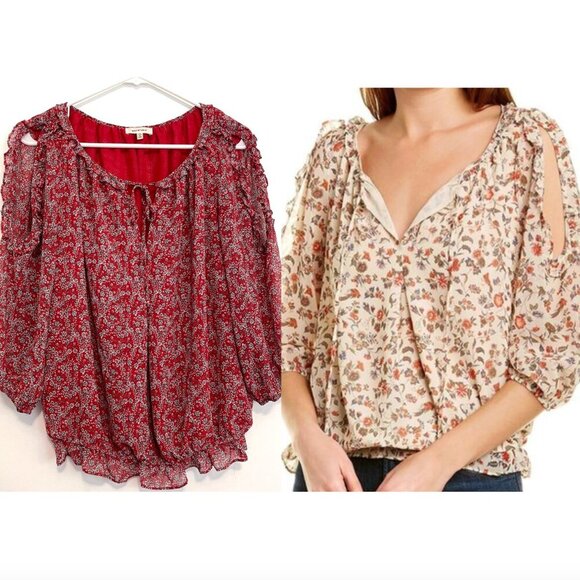MAX STUDIO Georgette Elbow Sleeve Cold Shoulder Blouse Red White Floral Boho Top - Picture 1 of 16